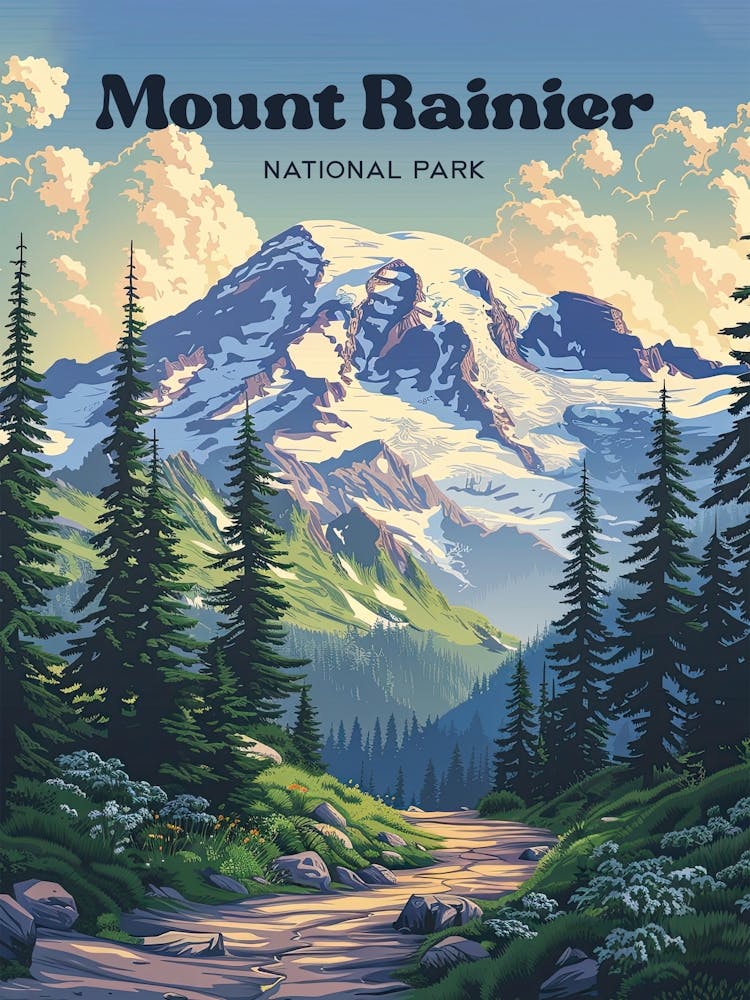 Mount Rainier National Park Hiking Trail Digital Travel Art