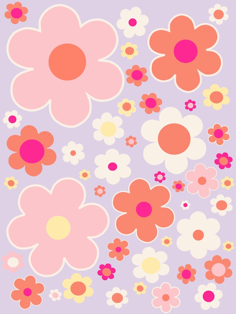 Retro Colorful Flowers Lavender Orange And Pink