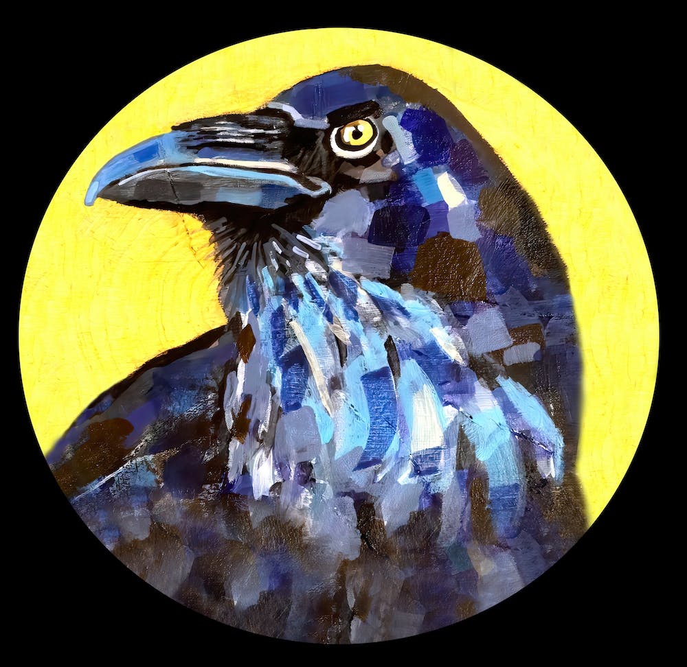 Wise raven in the moonlight