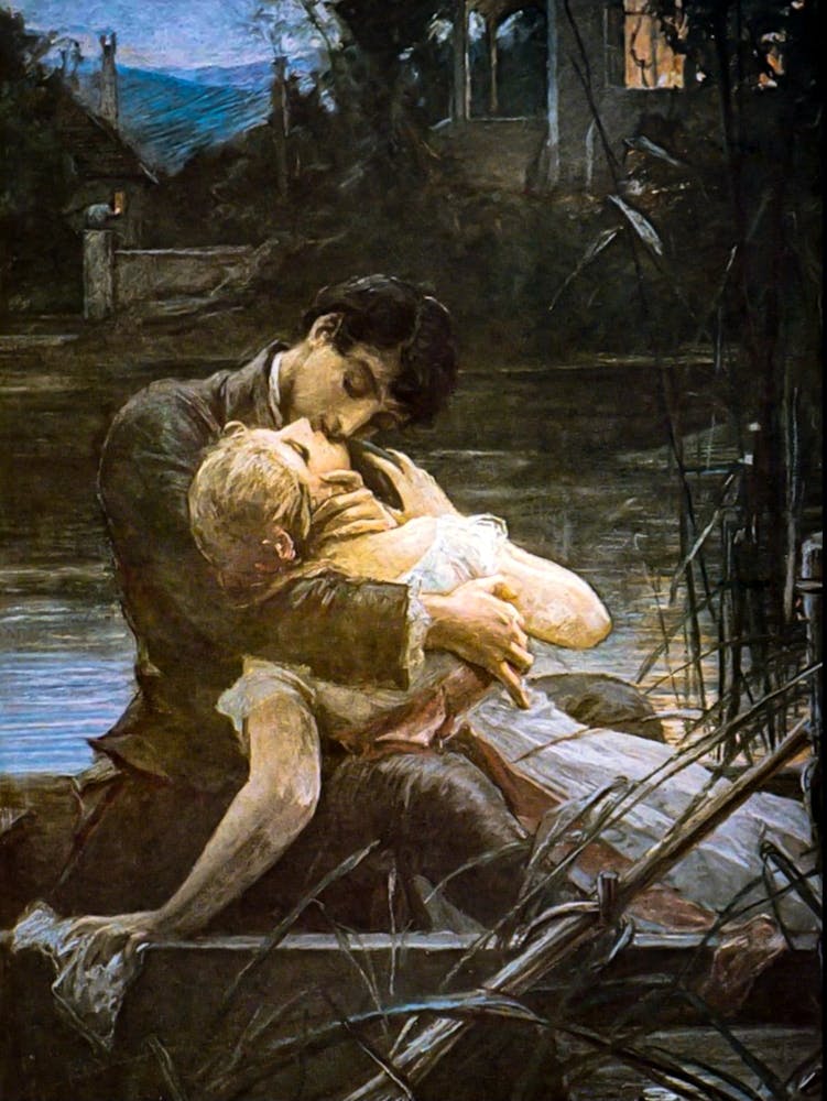 Romance ~ The Lovers Kiss on a Boat at Dusk ~ "Čeština: V rozkvětu" by Hungarian Painter Maxmilian Pirner | HD Art Remastered Antique Valentines