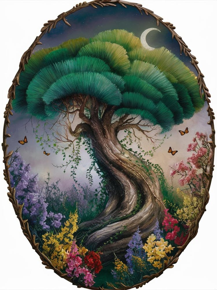 A Mesmerizing Oil Painting Captures The Essence Of Enchantment With A Circular Frame Resembling An Ornate Wreath Or Border