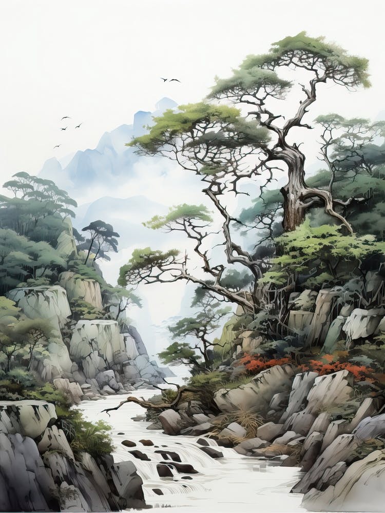 Aso Kuju National Park In Kumamoto, Japanese Brush Painting, Ukiyo E, Minimal 3