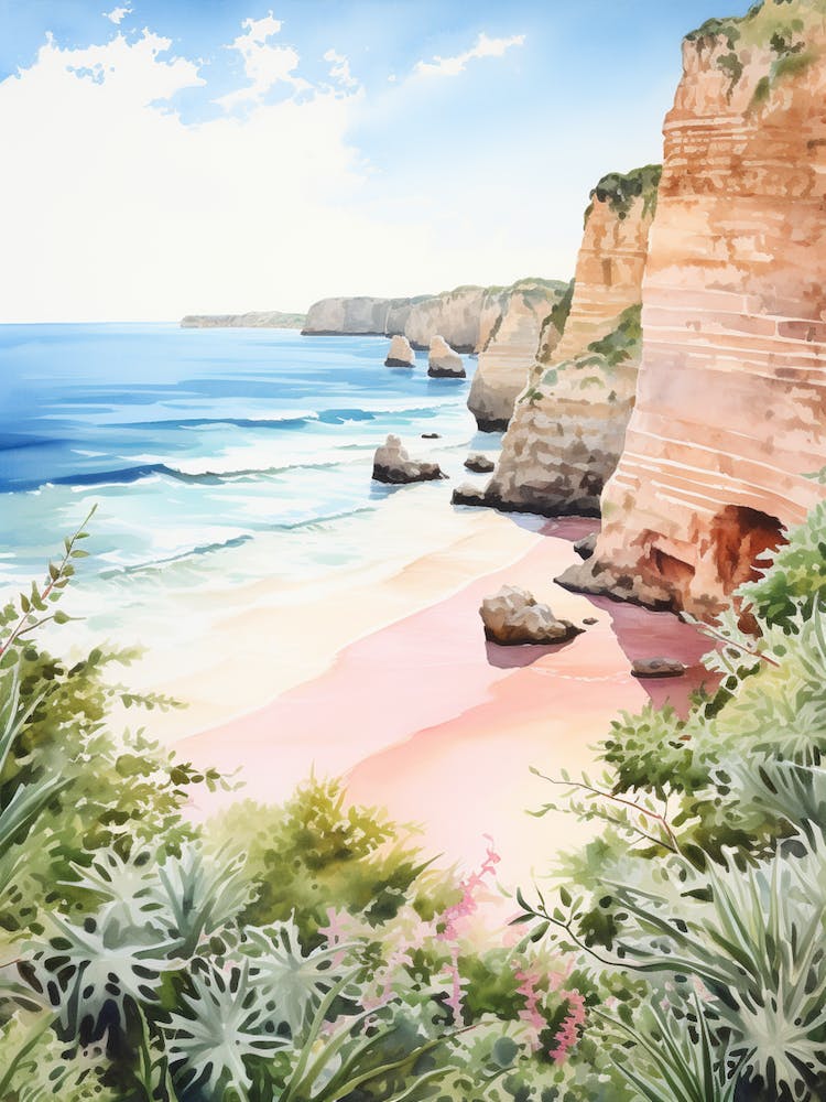 Watercolor Painting Of Praia Dona Ana, Lagos Portugal 1
