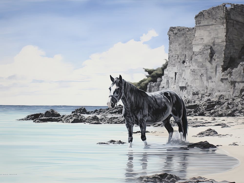 A Horse Oil Painting In Horseshoe Bay Beach, Bermuda, Landscape 4
