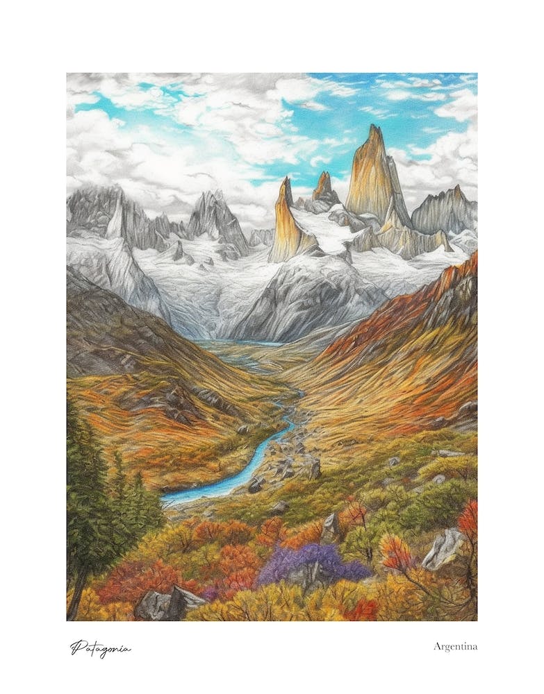 Patagonia Argentina Pencil Sketch 2 Watercolour Travel Poster