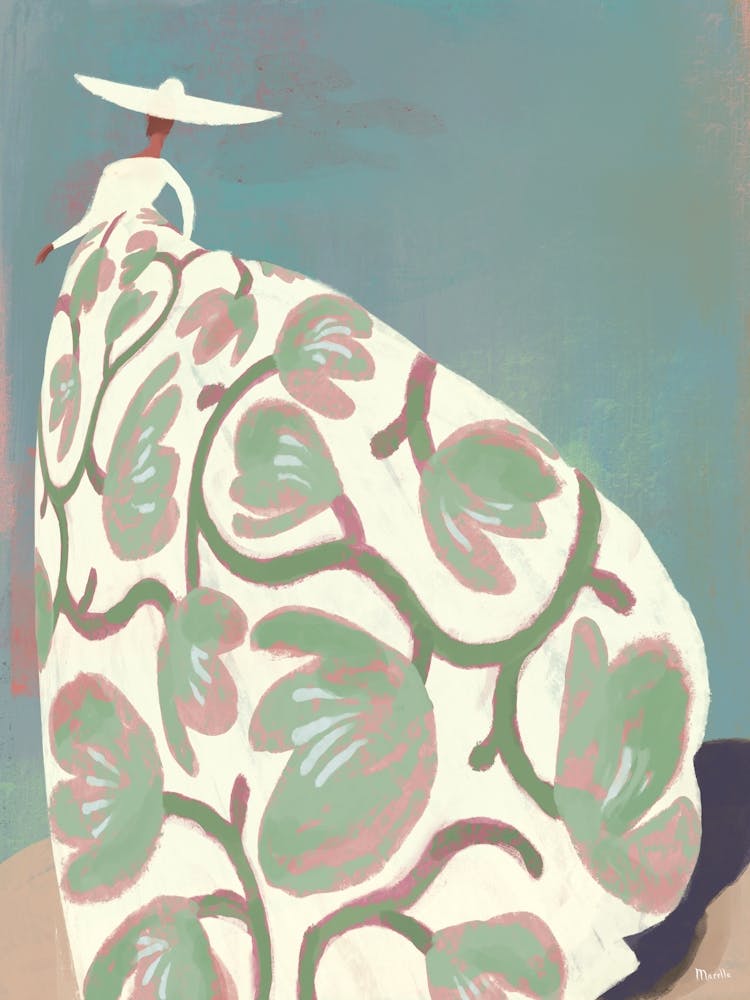 Woman At The Beach With Floral Fashion Dress 