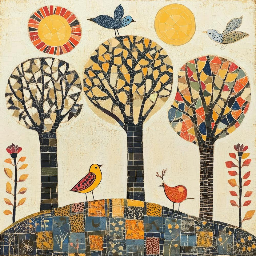 Folk Art Style Mosaic Trees 9