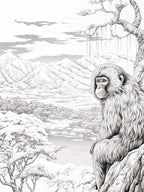 Jigokudani Monkey Park In Nagano, Ukiyo E Black And White Line Art Drawing 2