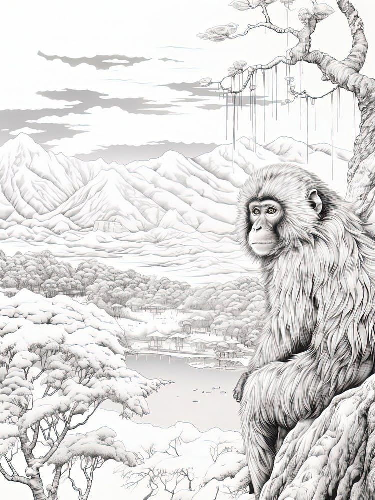 Jigokudani Monkey Park In Nagano, Ukiyo E Black And White Line Art Drawing 2