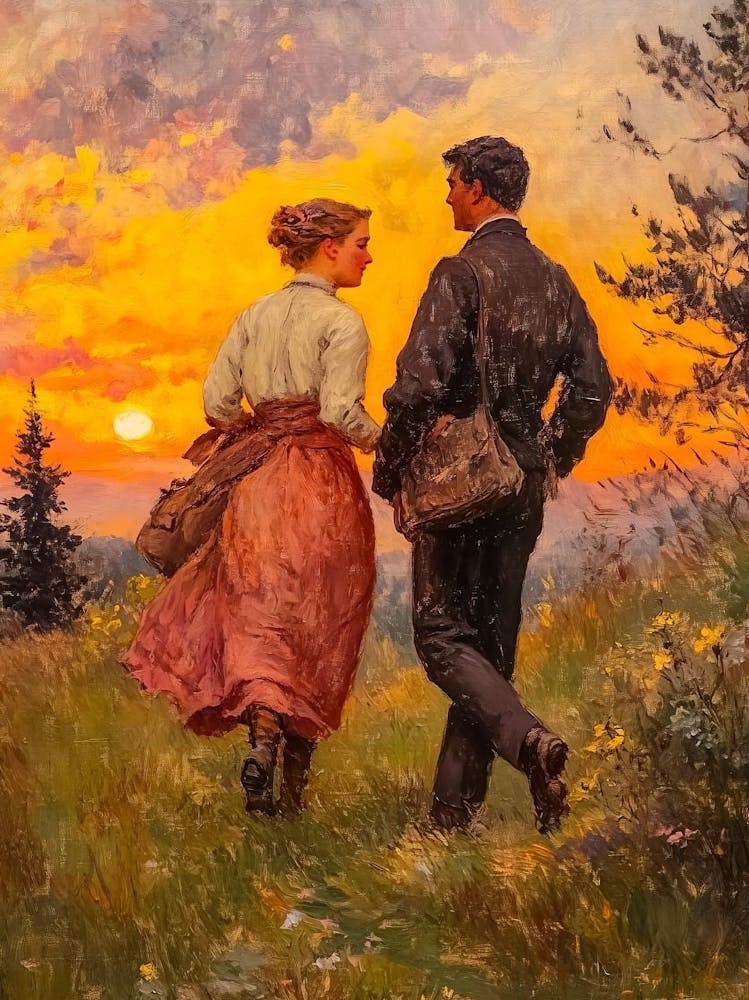 Vintage Portrait Of Lovers At Sunset Painting, Vintage Wall Art, Moody Warm Tones Decor, Antique Woman Print Bedroom Printable Wall Decor