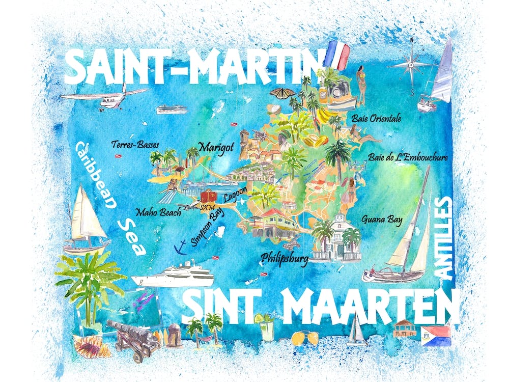 Saint Martin Sint Maarten West Indies Illustrated Travel Map With Roads And Highlights