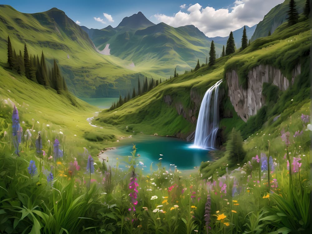 Waterfall In Lush Green Mountains With Wildflowers And Lake