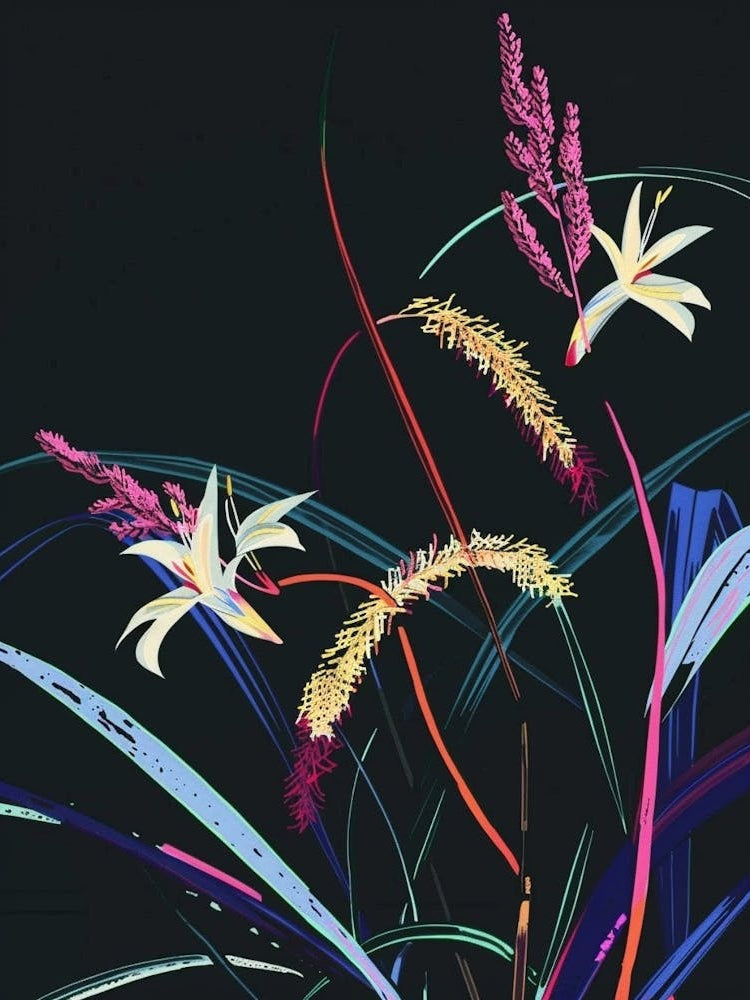 Neon Flowers On Black Fountain Grass 3