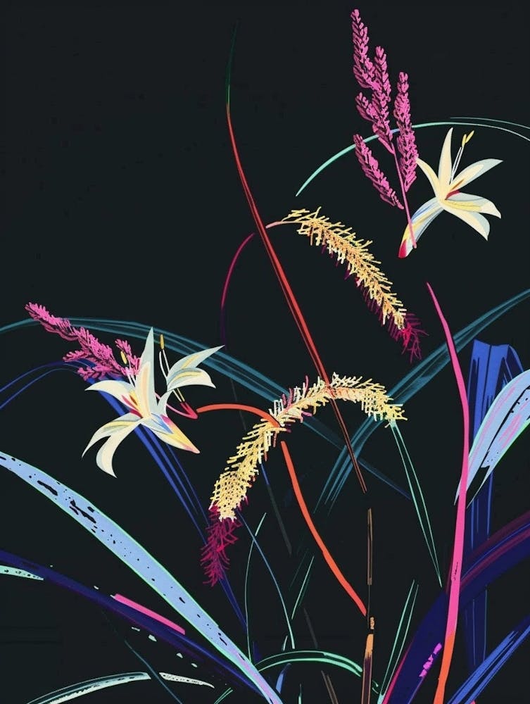 Neon Flowers On Black Fountain Grass 3