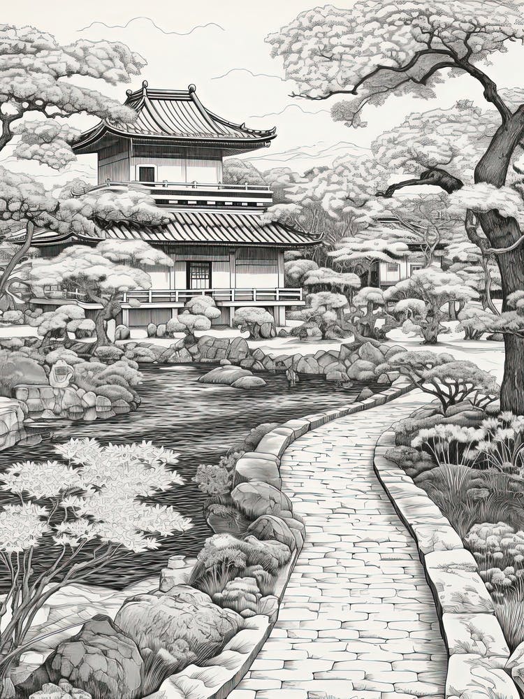 Ritsurin Garden In Kagawa, Ukiyo E Black And White Line Art Drawing 1