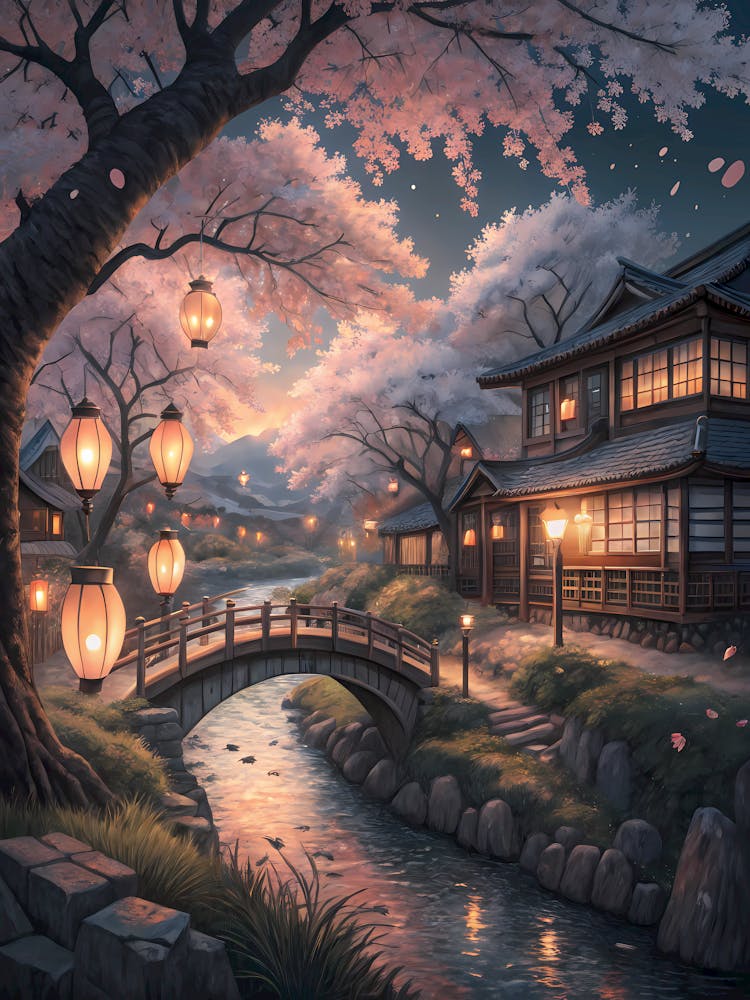 Oil Painting Style Sakura Village Night Cherry Blossom Landscape & Lanterns