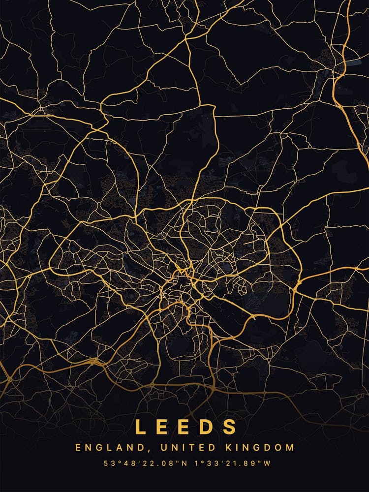 Leeds England Black And Gold Map