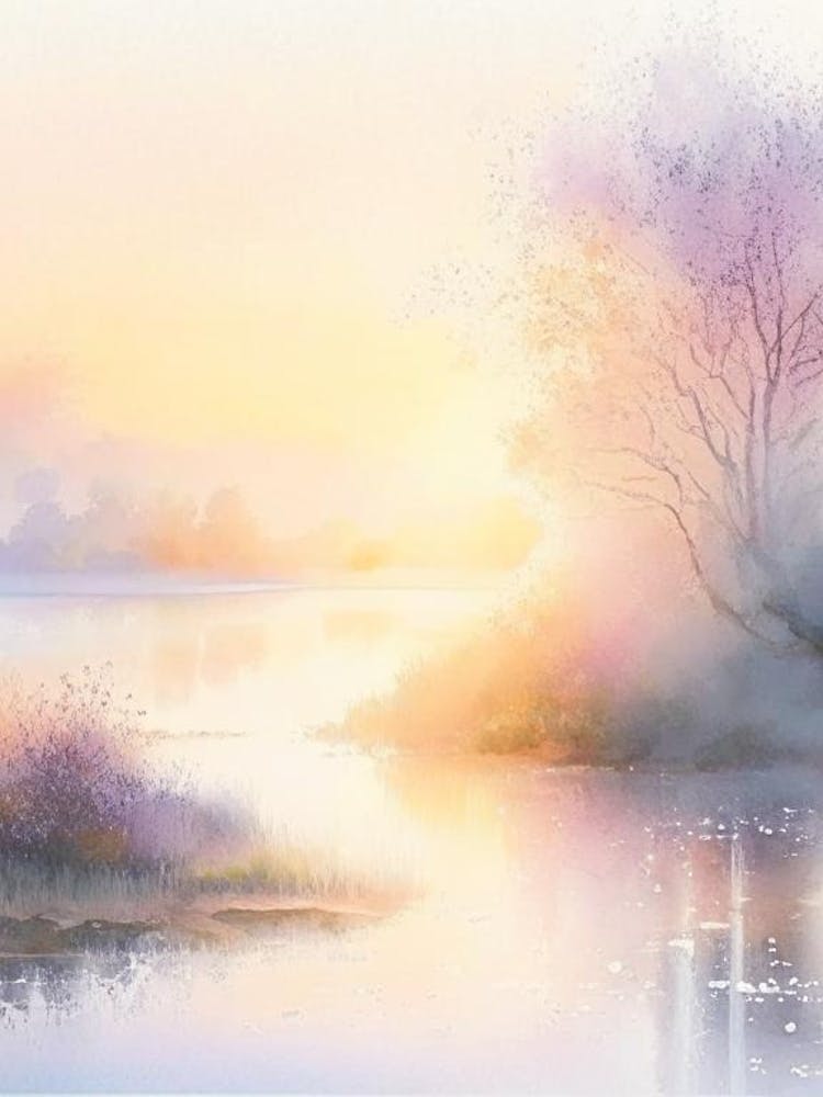 Sunrise Over River Waterscape Gouache 2