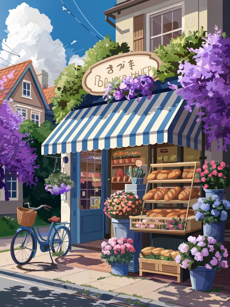 Anime Canvas Art: Charming Street-Side Bakery with Flower Shop, Vibrant Colors and Sunny Blue Sky, Perfect for Lofi Aesthetic and Small-Town Enthusiasts.