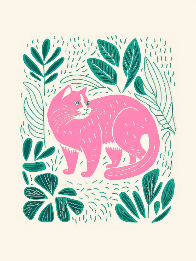 Pink Cat With Plants