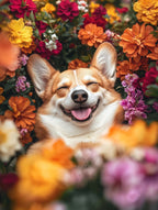 Happy Corgi In Flowers.Generated AI. Wall