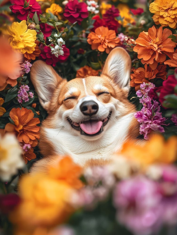 Happy Corgi In Flowers.Generated AI. Wall