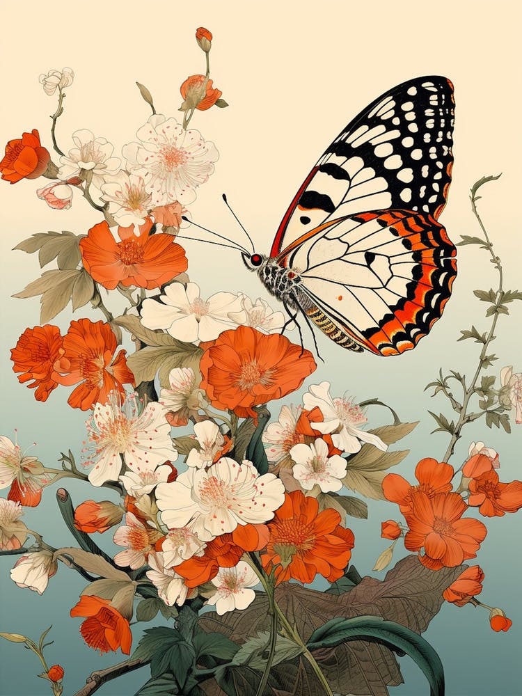 Japanese Style Painting Of A Butterfly With Flowers 4