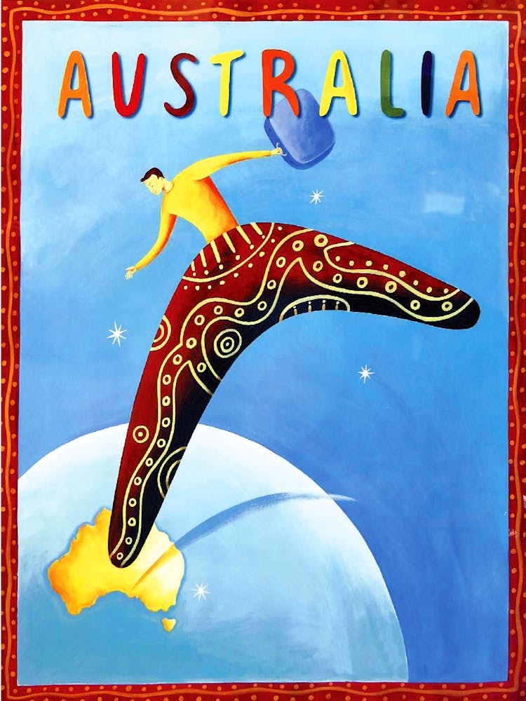 Australia, Man Riding A Boomerang Outside The Planet
