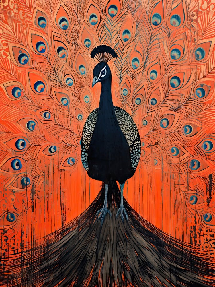 Peacock, Woodblock Animal Drawing 3