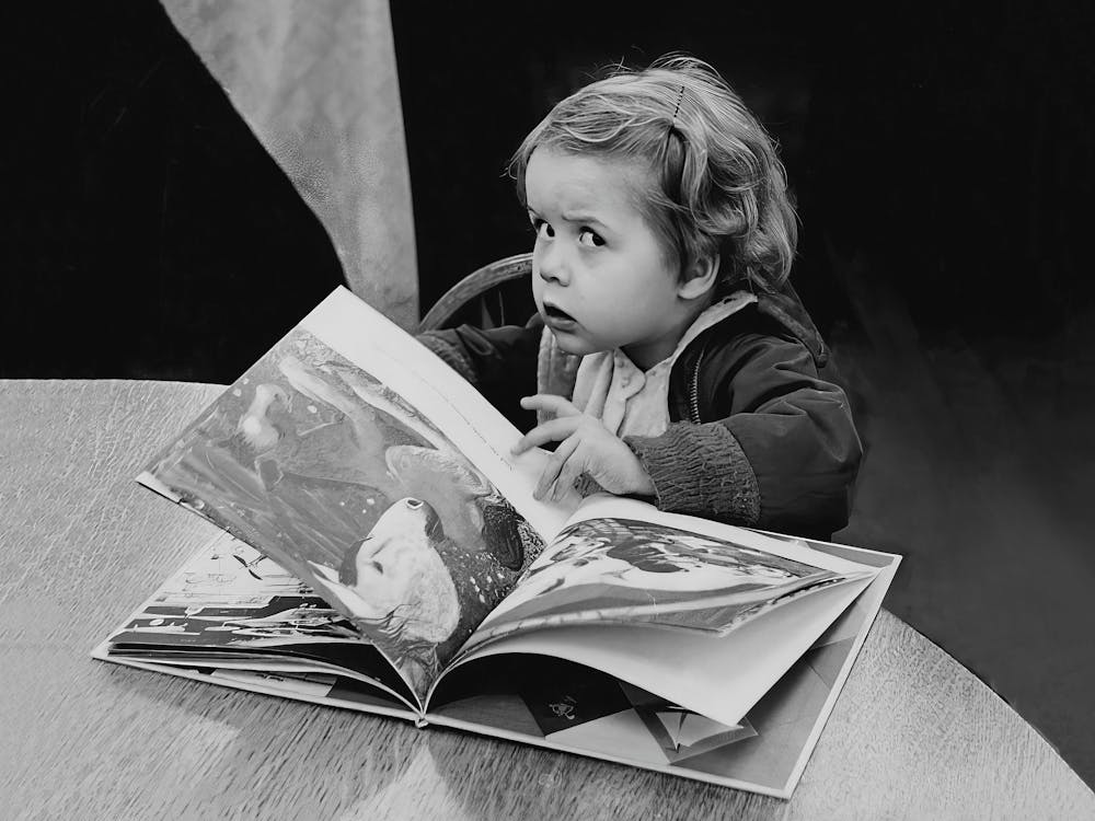 Girl Reading A Book, Black and White, Vintage Old Photo