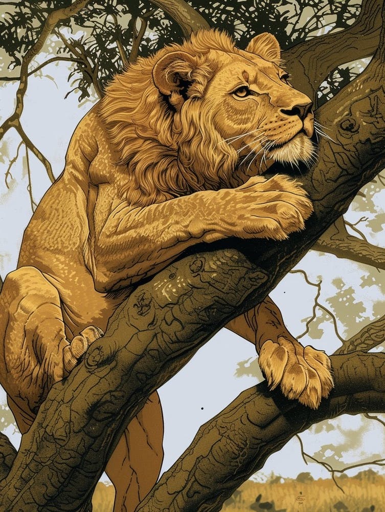 Barbary Lion Relief Illustration Climbing A Tree 2