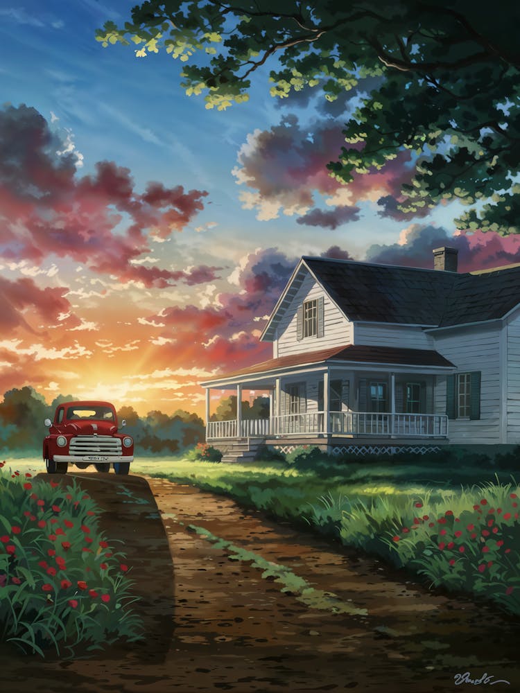 Anime Canvas Art: Tranquil Countryside Sunset with White Farmhouse, Red Truck, and Vibrant Sky, Perfect for Lofi Aesthetic and Rustic Nature Lovers.