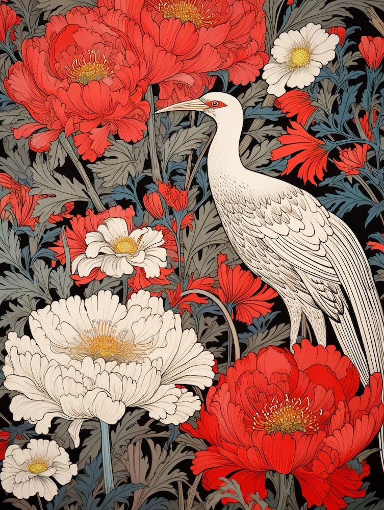 Dianthus And Bird Vintage Japanese Botanical
