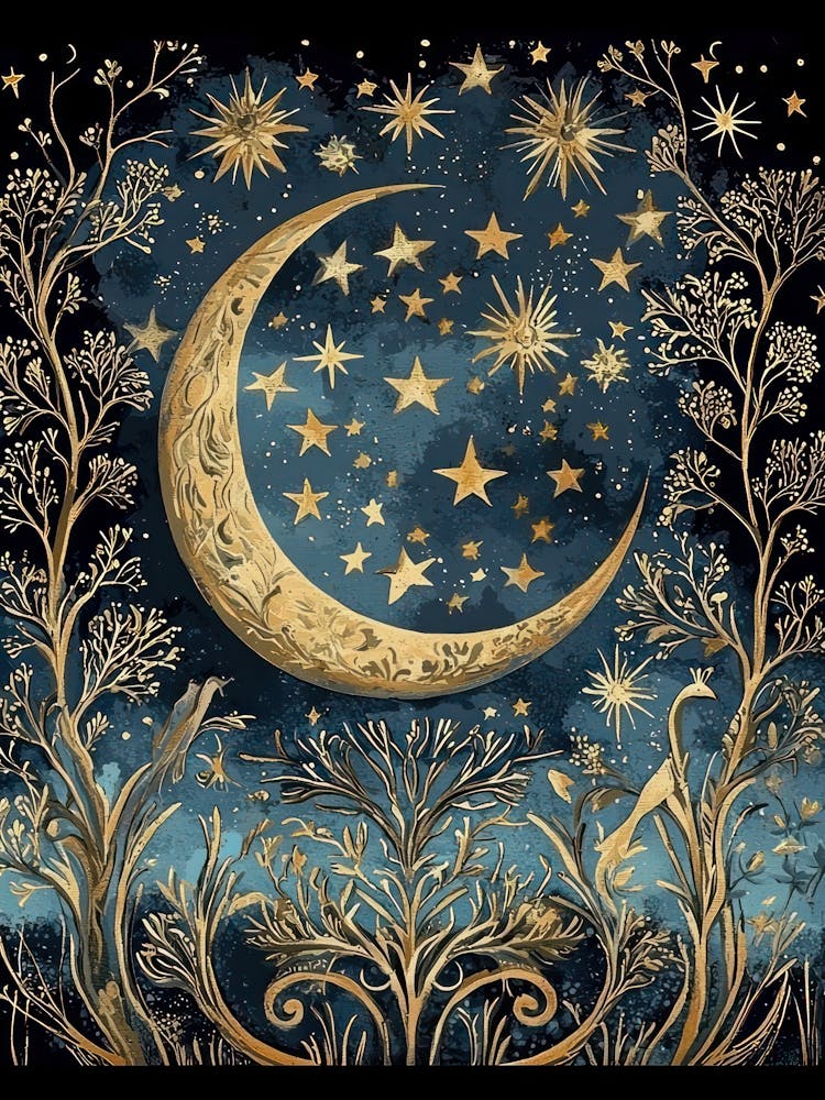 William Morris Art Stars Moon Night Morris Exhibition Print Botanical Poster Gold Vintage Full