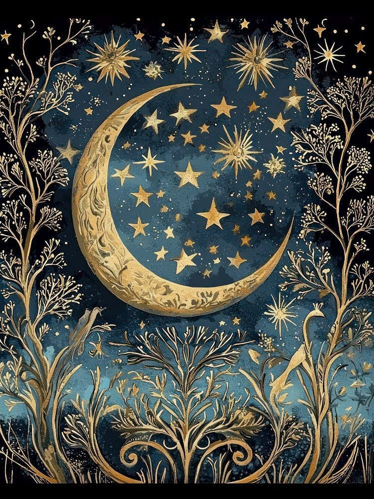 William Morris Art Stars Moon Night Morris Exhibition Print Botanical Poster Gold Vintage Full