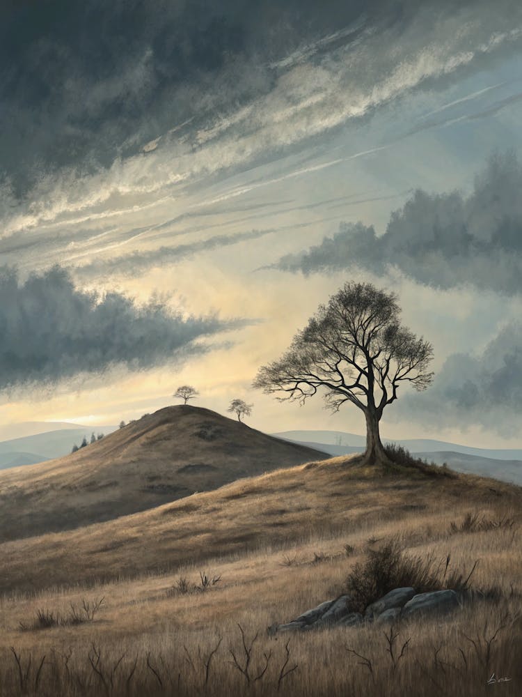 Oil Painting Style Overcast Sky Over Barren Hill