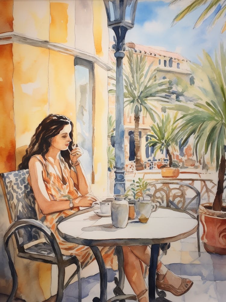 At A Cafe In Tenerife Spain Watercolour