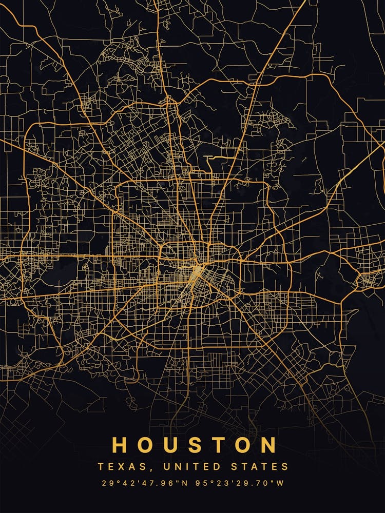 Houston Texas USA Black And Gold Map