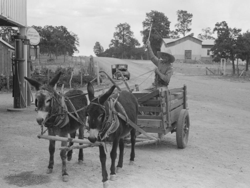Mr, Leatherman Drives His Burro Drawn Cart Up To The Filling Station To Get Air In The Rubber Tires