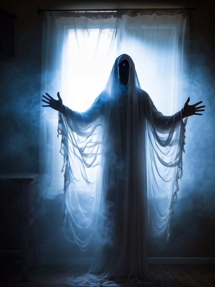 Ghostly Apparition Shrouded In Ethereal Veil Representing Religious Blindness Man Trapped In A Curt (4)