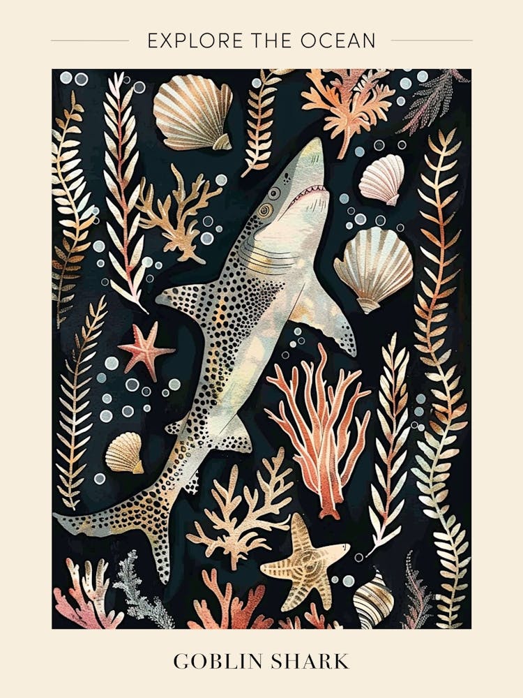 Goblin Shark Seascape Black Background Illustration 3 Poster
