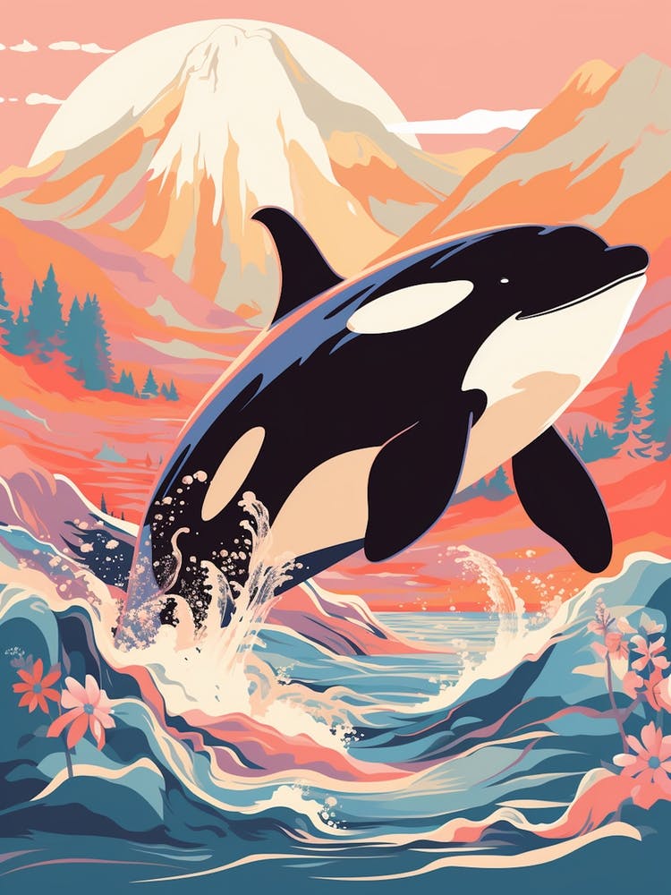 Orca Whale At Sunrise Orange Pastel