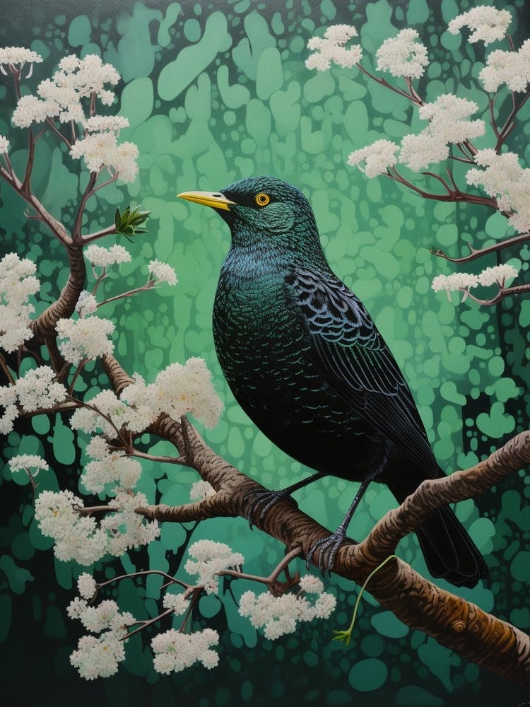 Ohara Koson Inspired Bird Painting Blackbird 1
