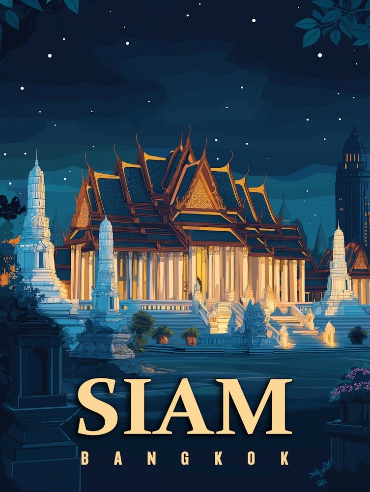 Vintage Siam Bangkok Temples Travel Poster