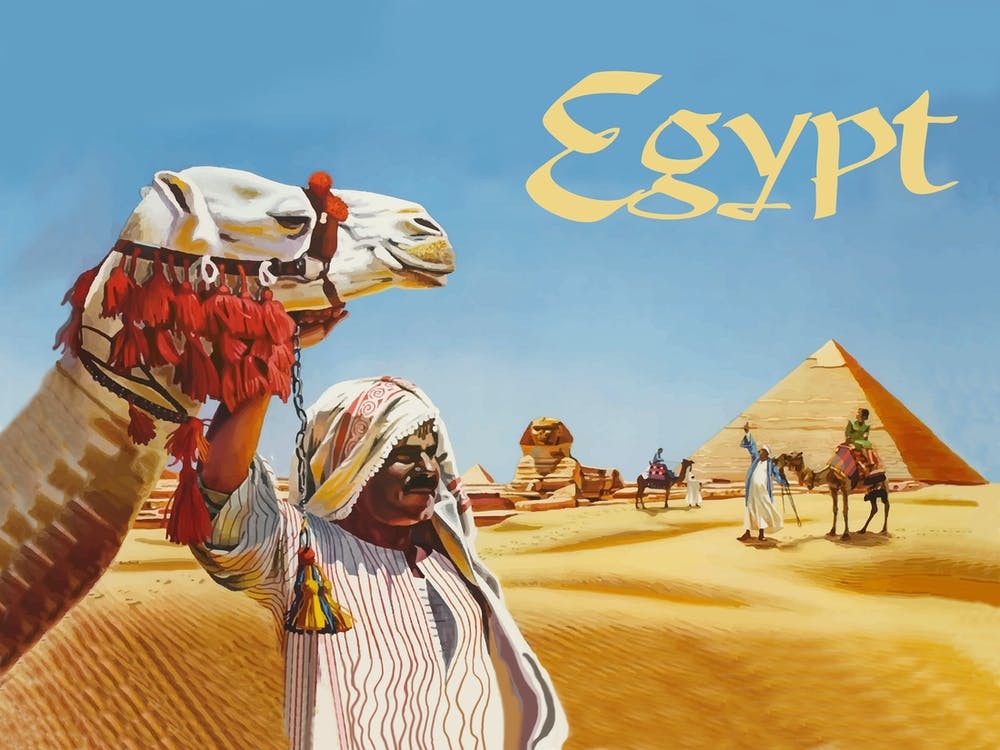 Egypt, Man With Camel Is Looking At Pyramids