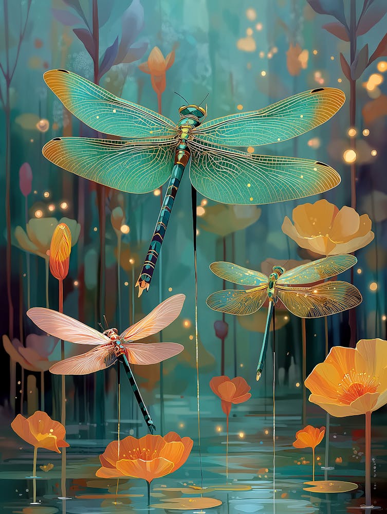 A Group Of Delicate Dragonflies Fluttering Over A Serene Pond