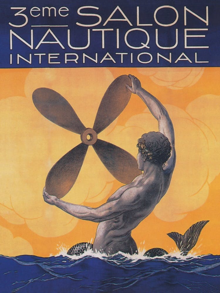Merman Holding Ship Propeller, Salon Nautique International Vintage Poster