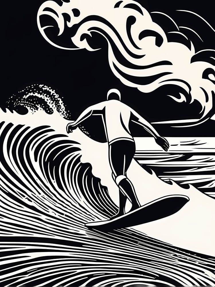 Linocut Black And White Surfer On A Wave art, surfing art, 1