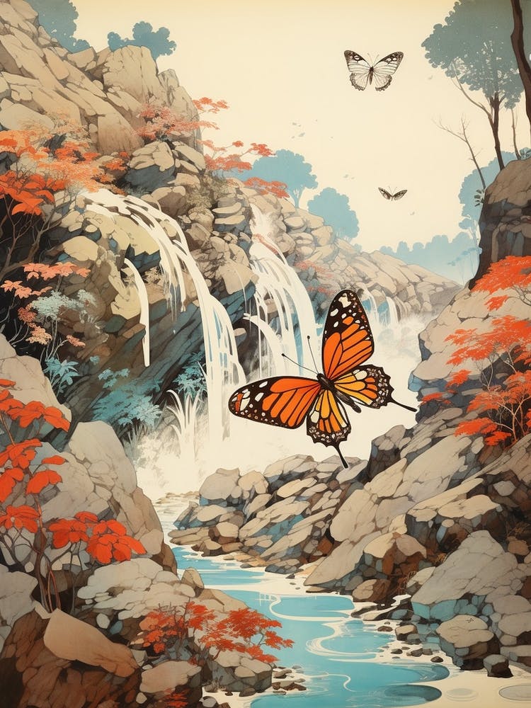 Butterfly With Waterfall Japanese Style Painting