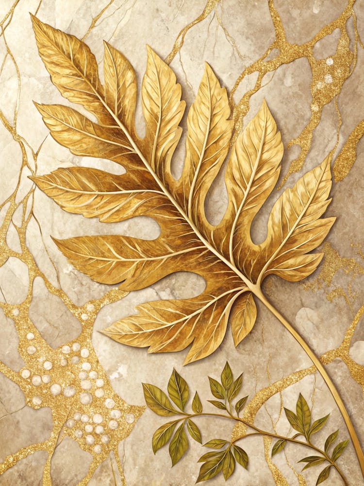 Oil Painting Style Regal Gold Leaf Over Beige